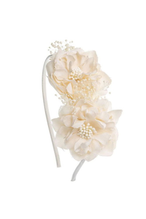 Diadema satén con dos flores iris y gypso