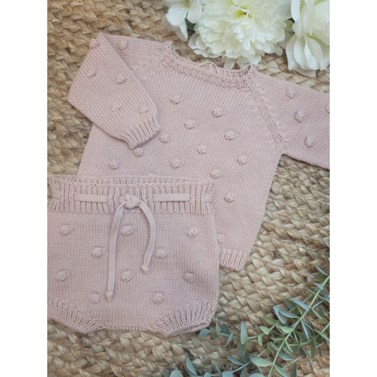 CONJUNTO BEBE TRICOT JERSEY/REBECA LENNY C/ CULETIN BODOQUE PALE ROSE rosa