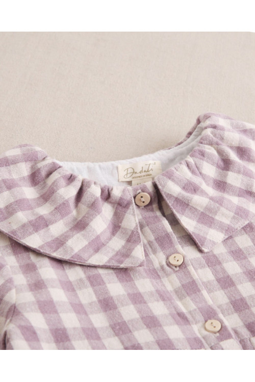 Vestido Niña Cuadros Con Volante En Cuello. Malva