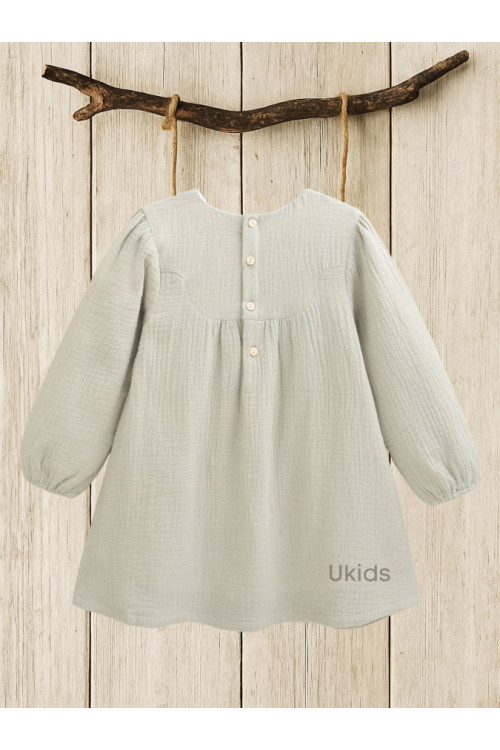 Vestido Niña Muselina Con Detalle Floral En Cuello. Verde