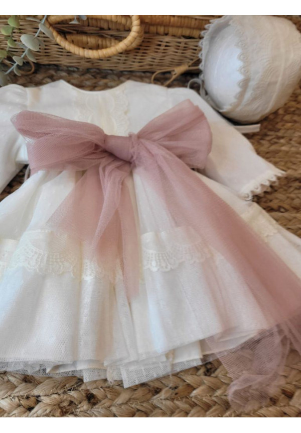 VESTIDO BAUTIZO TUL PLUMETI M/L FAJIN TUL ROSA CON CAPOTA bco roto y rosa x