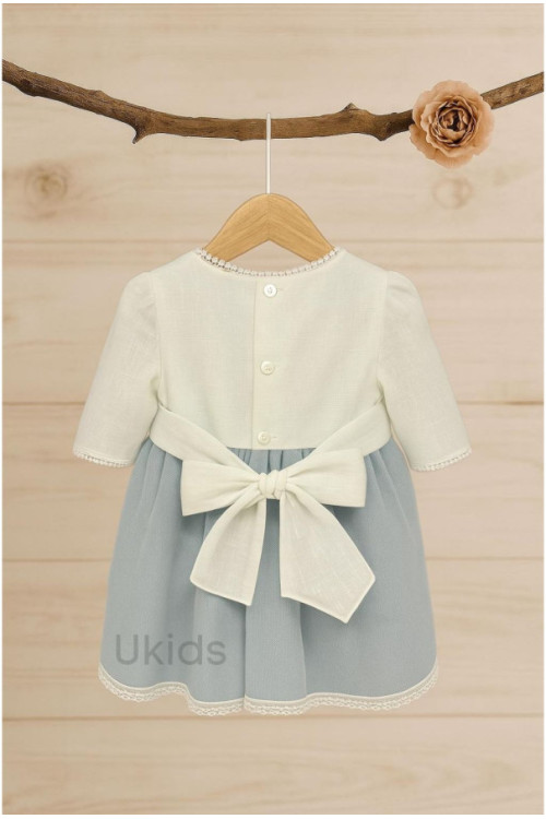 VESTIDO BEBÉ LINO MANGA FRANCESA FALDA AZUL OCÉANO