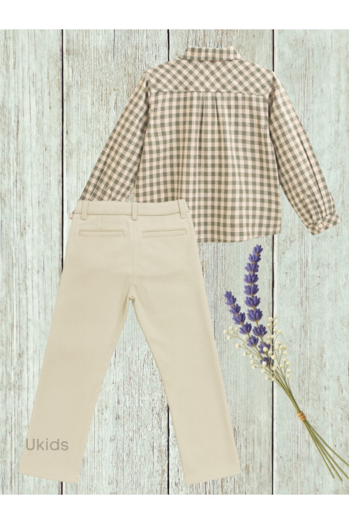 Conjunto Camisa Niño Cuadros Vichy Verde Y Beige. Pantalón Camel Chino Verde