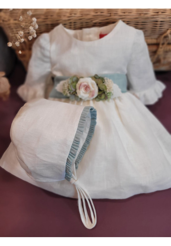 VESTIDO BEBE CEREMONIA LINO CON CAPOTA LAZO VERDE x