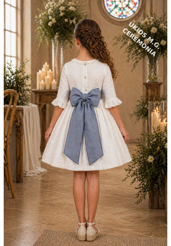 VESTIDO BÁMBULA MANGA FRANCESA FAJÍN LINO color azul