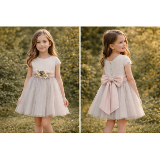 Vestido Ceremonia combinado tul lino beige