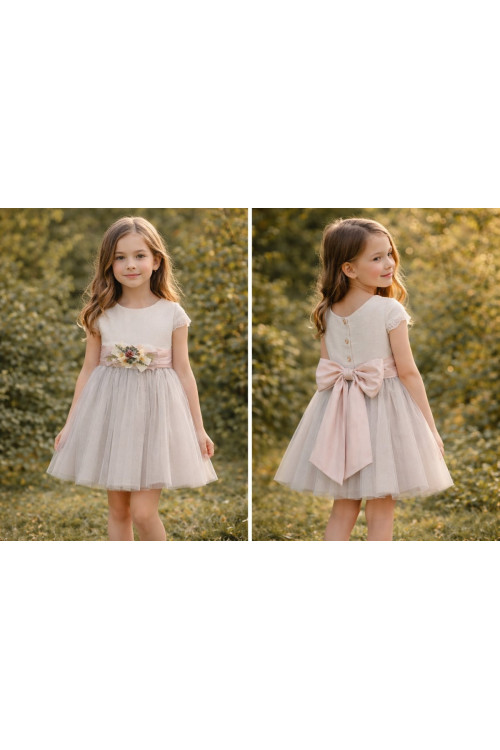 Vestido Ceremonia combinado tul lino beige