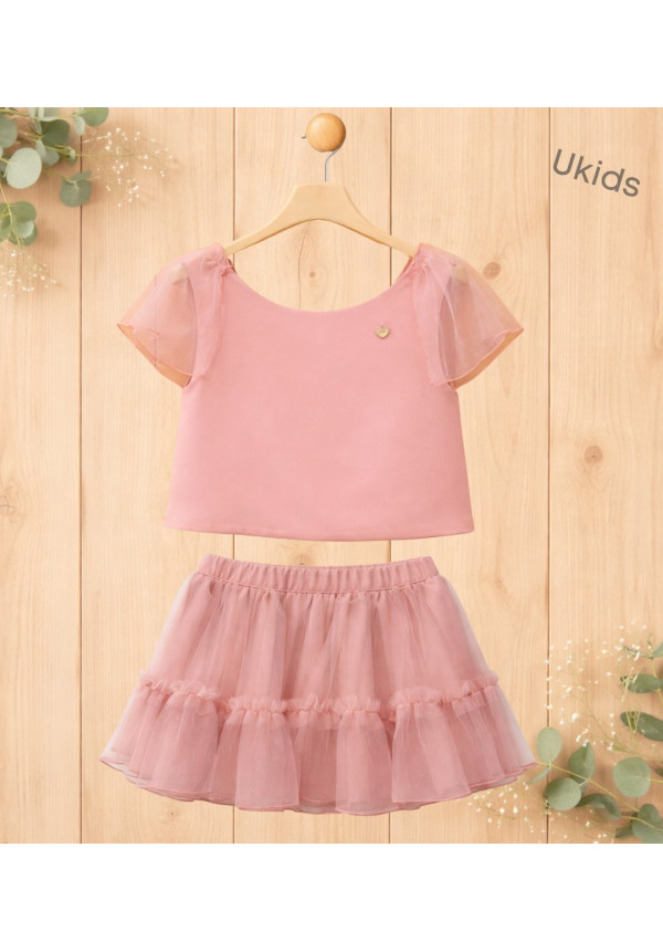 Conjunto Blusa + Falda Niña Rosa Palo