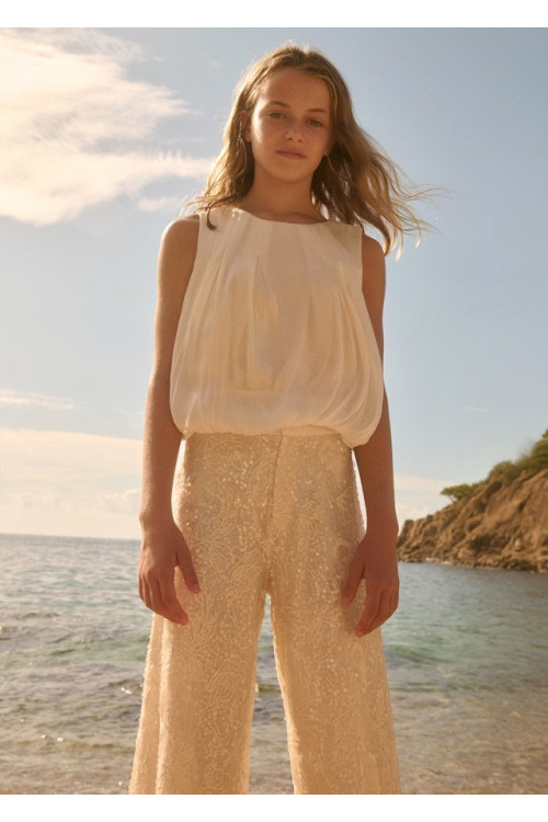 Conjunto pantalón largo lentejuelas + blusa champagne 