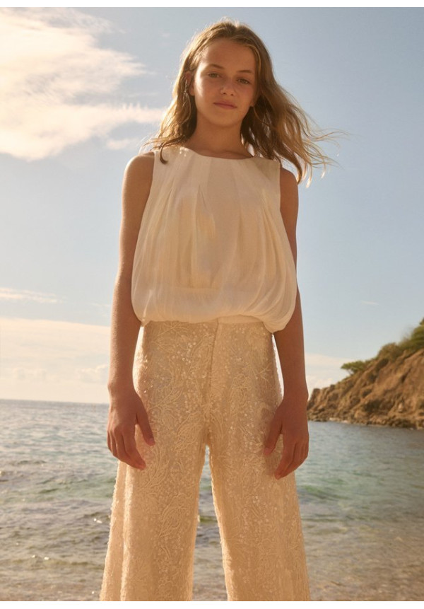 Conjunto pantalón largo lentejuelas + blusa champagne 