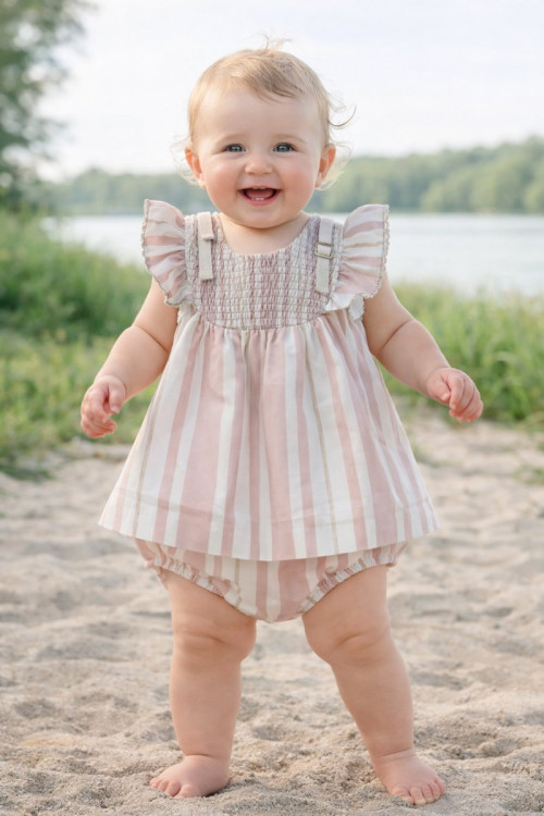 Vestido Bebe Con Braguita Art.0327 'Familia Porcelana' Rosa Empolvado