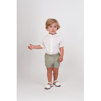 Conjunto Camisa Tipo Polo + Pantalón Niño Liso. Color Natural Y Kaki   W