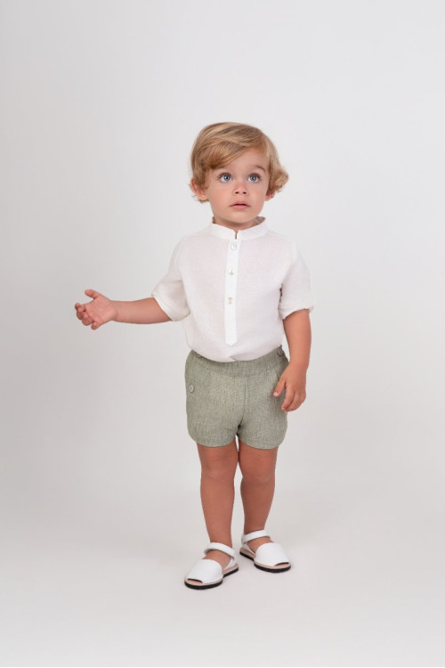 Conjunto Camisa Tipo Polo + Pantalón Niño Liso. Color Natural Y Kaki   W