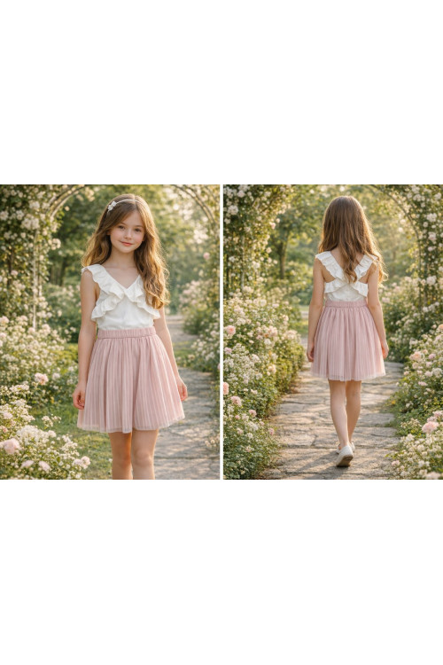 Blusa Satén Orithia + Falda Plisada  Color Rosa Empolvado