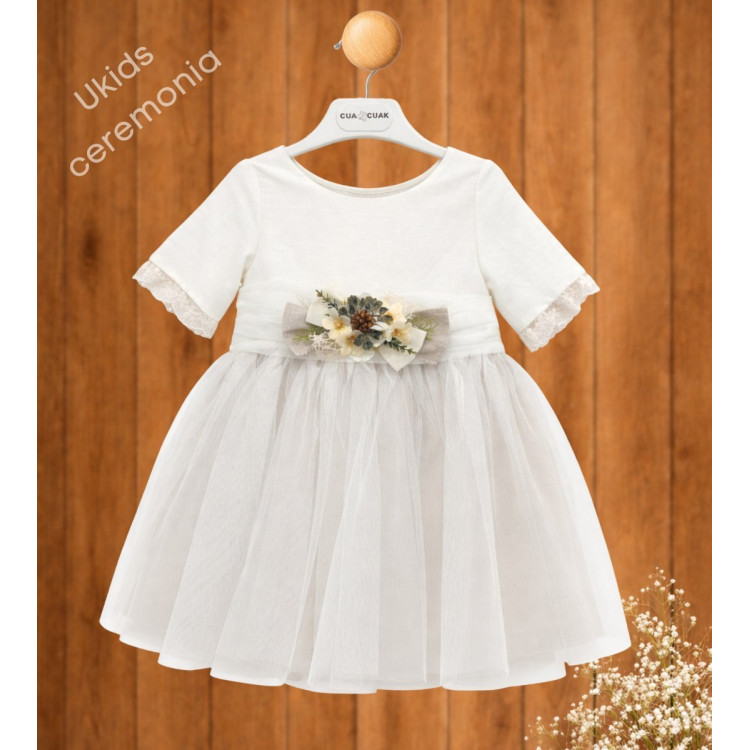 Vestido Ceremonia combinado tul lino beige