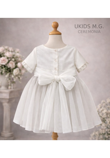 Vestido Ceremonia combinado tul lino beige