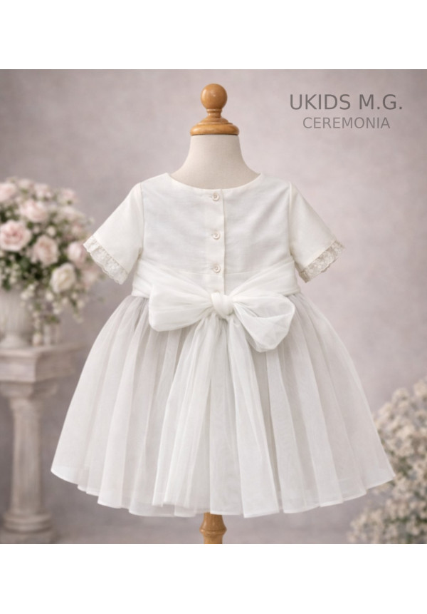 Vestido Ceremonia combinado tul lino beige