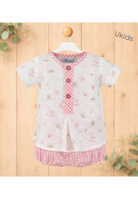 Camisa Manga Corta + Pantalón Corto Bebé Niño Rosa Palo