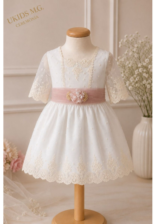 VESTIDO TUL BORDADO MANGA FRANCESA CRUDO y rosa