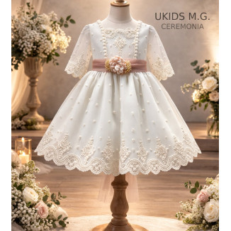 VESTIDO TUL BORDADO MANGA FRANCESA crudo/rosa