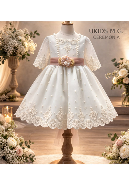 VESTIDO TUL BORDADO MANGA FRANCESA crudo/rosa