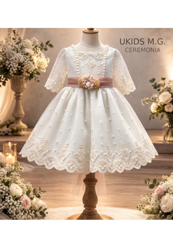 VESTIDO TUL BORDADO MANGA FRANCESA crudo/rosa