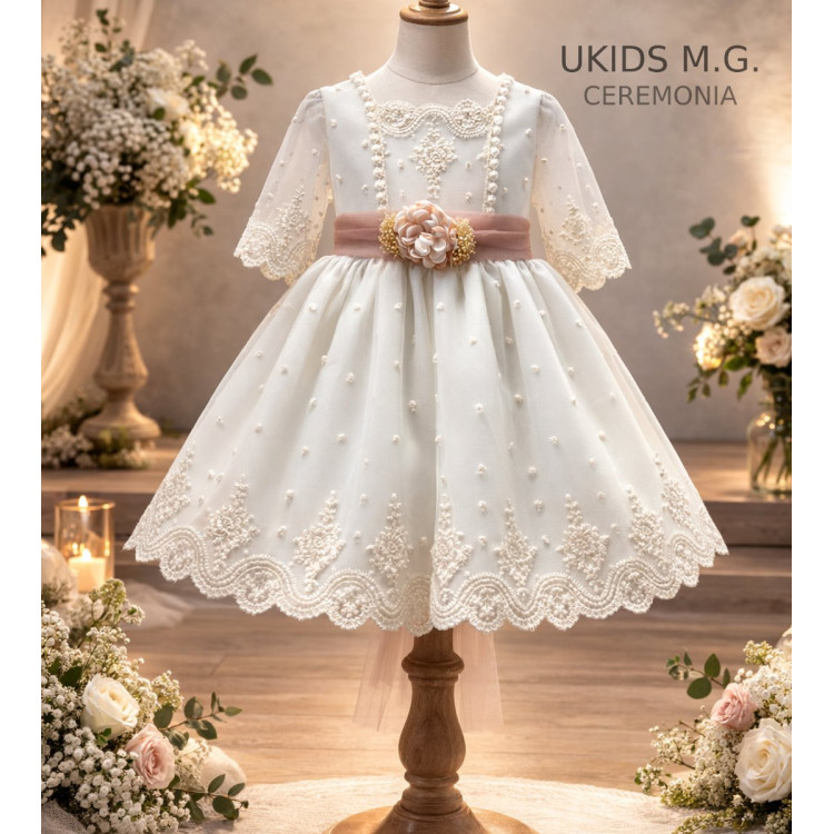 VESTIDO TUL BORDADO MANGA FRANCESA crudo/rosa