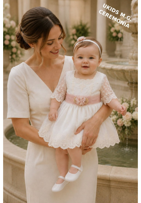 VESTIDO TUL BORDADO MANGA FRANCESA CRUDO y rosa