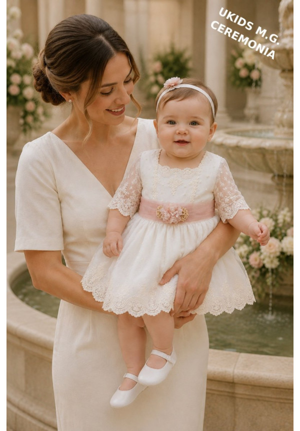 VESTIDO TUL BORDADO MANGA FRANCESA CRUDO y rosa