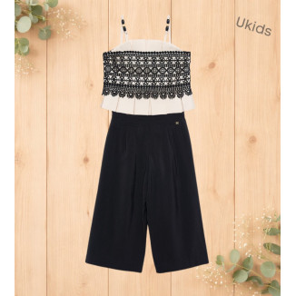 Conjunto Top Tirantes Combinado Guipur Y Pantalón Largo Fluido Crema