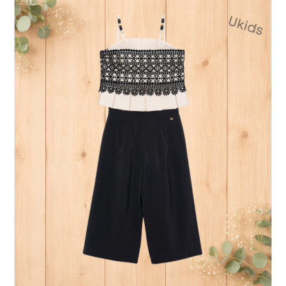 Conjunto Top Tirantes Combinado Guipur Y Pantalón Largo Fluido Crema