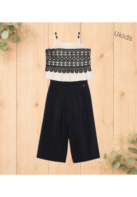 Conjunto Top Tirantes Combinado Guipur Y Pantalón Largo Fluido Crema