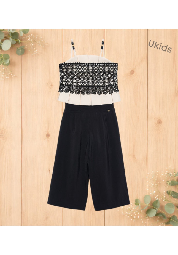 Conjunto Top Tirantes Combinado Guipur Y Pantalón Largo Fluido Crema