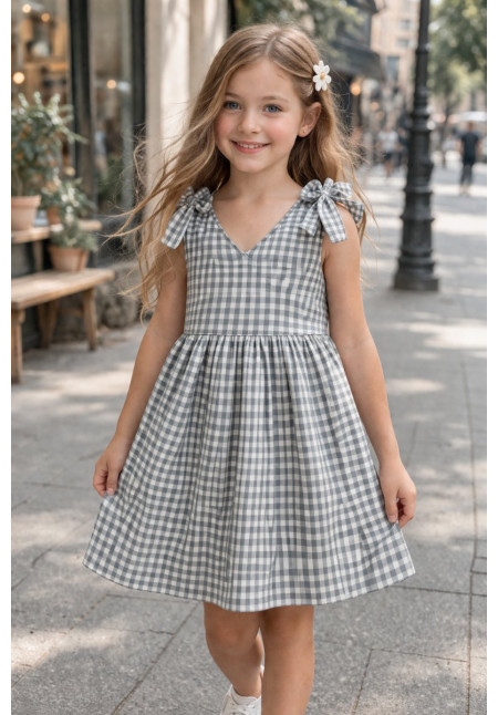 Vestido De Niña Gris De Cuadros Con Cuello Pico Color Gris