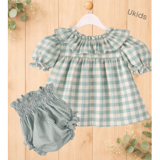 Conjunto Blusa Cuadros + Braga Rayas Bebé Niña Color Turquesa