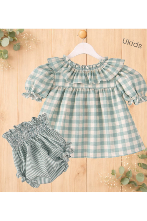 Conjunto Blusa Cuadros + Braga Rayas Bebé Niña Color Turquesa