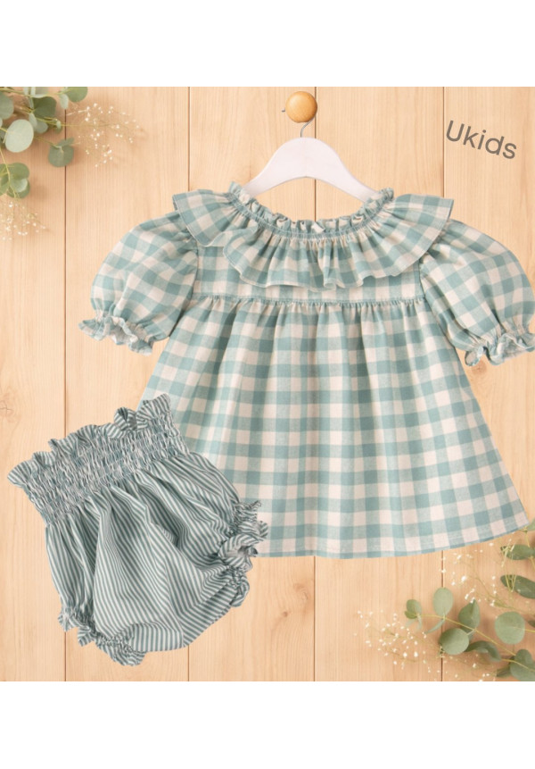 Conjunto Blusa Cuadros + Braga Rayas Bebé Niña Color Turquesa