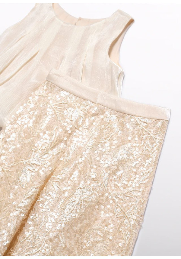 Conjunto pantalón largo lentejuelas + blusa champagne 