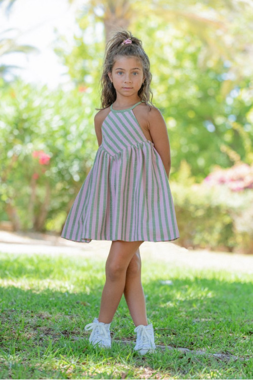 Vestido En Rayas Con ........... Color salmón y verde