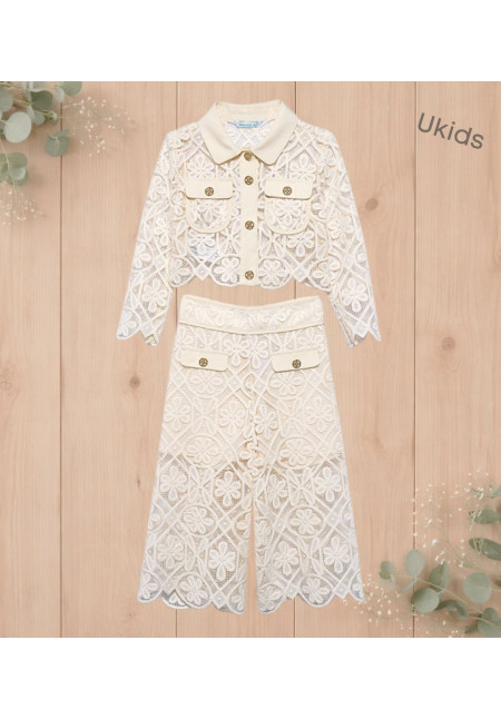 Traje Pantalon Culotte Guipur Crema