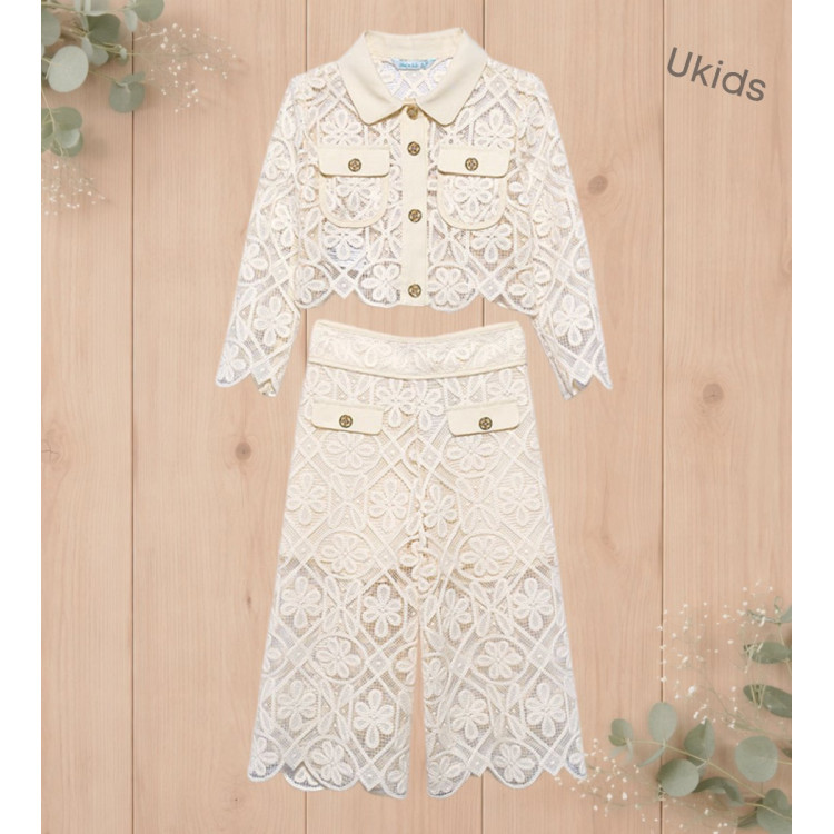 Traje Pantalon Culotte Guipur Crema