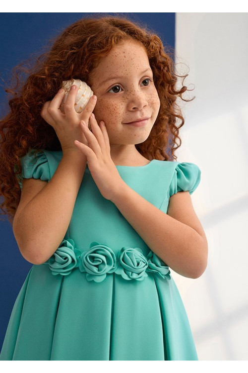 Vestido Crepe Detalle Flores Agua