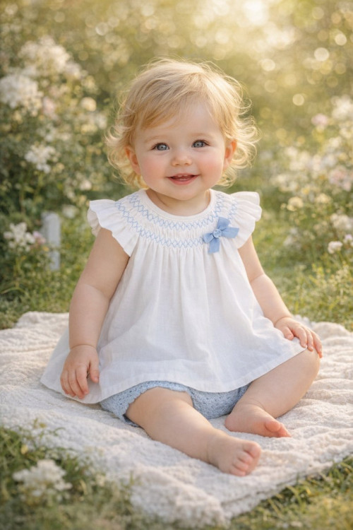 Conjunto Vestido Corto + Braga 'Espuma V26' Blanco/Azul Cielo