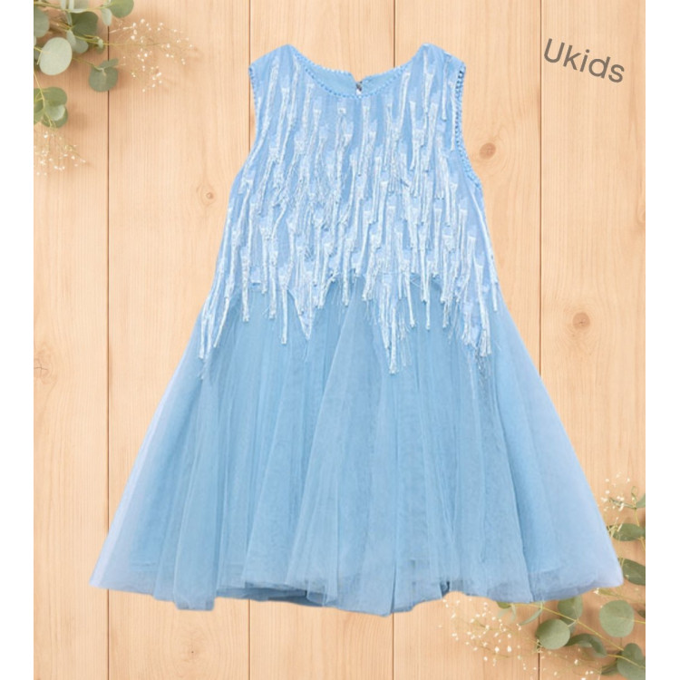 Vestido Flecos Fantasia Celeste