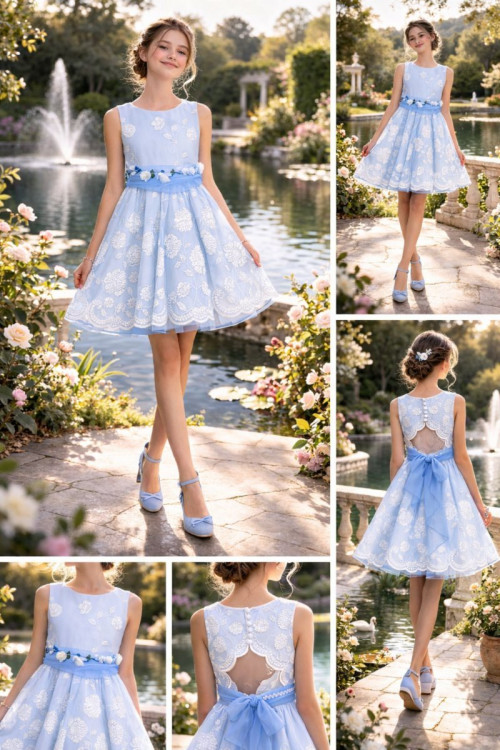 Vestido Organza Bordado Celeste