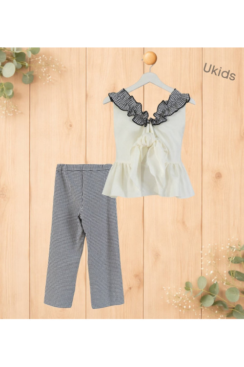 Conjunto Blusa + Pantalón Niña cuadro vichy negro y blanco