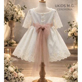 VESTIDO TUL BORDADO MANGA FRANCESA crudo/rosa