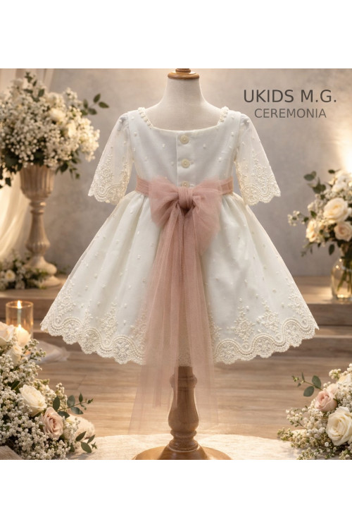 VESTIDO TUL BORDADO MANGA FRANCESA crudo/rosa