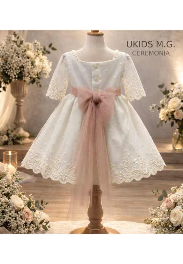 VESTIDO TUL BORDADO MANGA FRANCESA crudo/rosa