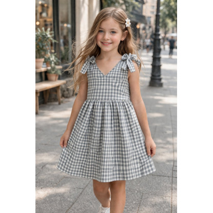 Vestido De Niña Gris De Cuadros Con Cuello Pico Color Gris